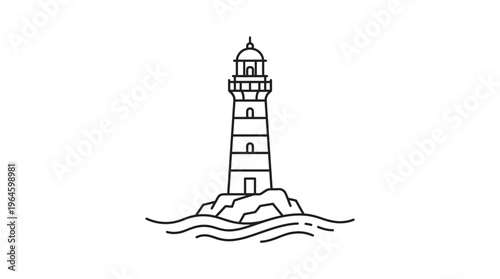 Lighthouse Standing on Rocks with Ocean Waves Outline Drawing Representing Coastal Navigation and Safety on Isolated White Background.
