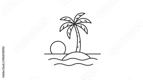 Tropical Island with Palm Tree, Sun, and Ocean Waves Outline Drawing Representing Summer Vacation and Tranquility on Isolated White Background.