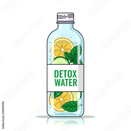 A clear glass bottle filled with refreshing detox water, infused with vibrant lemon slices, crisp cucumber, and fresh mint leaves, featuring a "DETOX WATER" label.