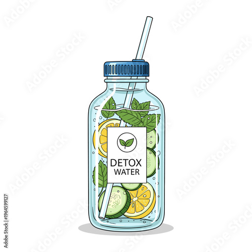 A clear glass bottle filled with refreshing detox water, featuring slices of lemon, cucumber, and fresh mint leaves, with a straw for sipping.
