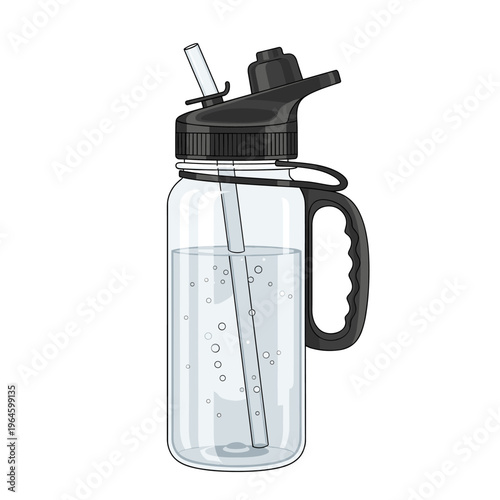 Clear water bottle with black lid, straw, and handle, filled with water and bubbles, on a white background.