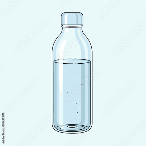 A clear bottle partially filled with water, featuring a screw cap, against a light blue background.