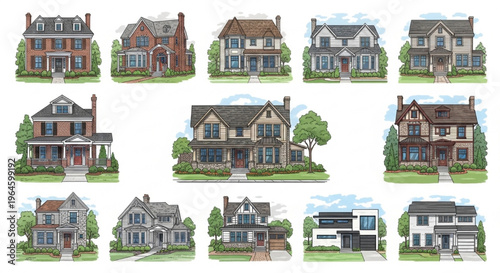 American House Illustration Residential Buildings Vector Detailed Home Architecture Design Collection Set