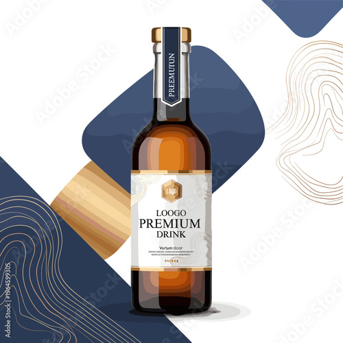 Elegant bottle of premium amber-colored drink with gold and blue label on an abstract background design.