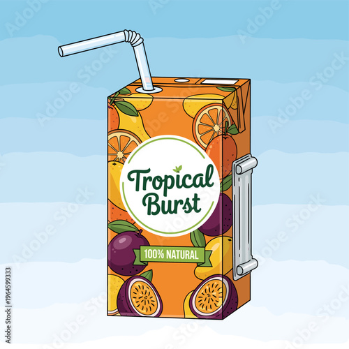 A carton of Tropical Burst juice with a straw, featuring images of passion fruit and oranges, against a blue sky background.
