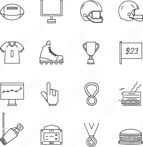 Sports icons, athletic symbols, football, trophy, medal, vector graphics