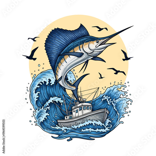 Sailfish leaping over fishing boat in ocean waves vintage woodcut style with seagulls and sunset