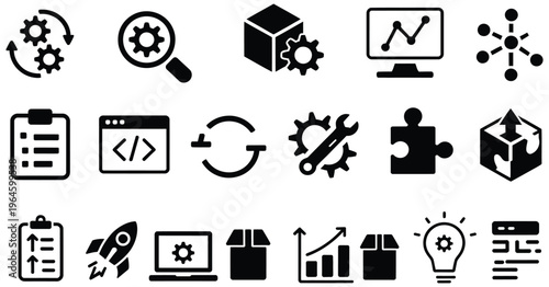 Flat solid tech and business optimization icon collection, automation gears, programming code, analytics dashboard, project management and innovation symbols, digital workflow and productivity concept