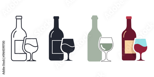Set of wine bottle and glass icons with liquid in various styles on transparent background