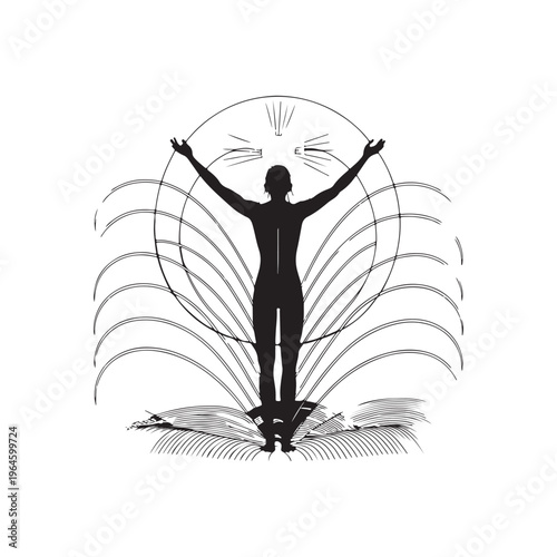 Black silhouette of a person with arms outstretched within a circular frame and radiating lines on a white background