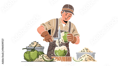 Crafting the Coconut: An artisan meticulously prepares coconuts, showcasing the art of coconut processing. This illustration celebrates the skill and dedication to craftmanship.