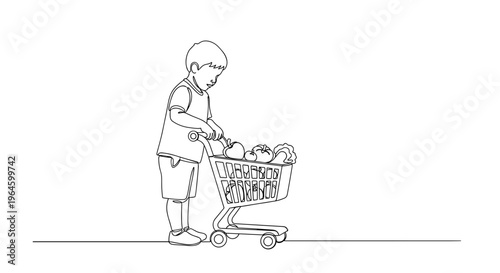 Boy pushing shopping cart with groceries line art background