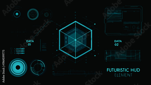 Futuristic user interface elements with glowing cyan lines on black background