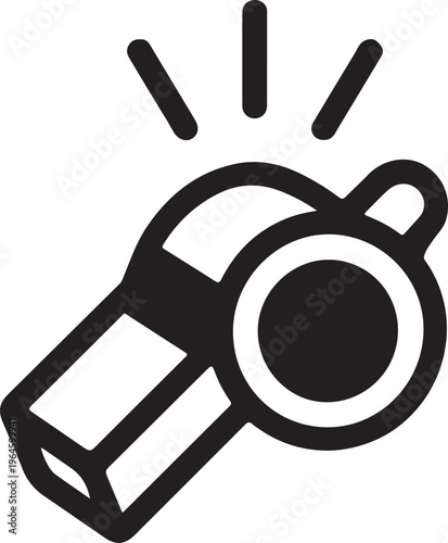 Whistle icon, black and white illustration, referee whistle symbol, sports signal vector