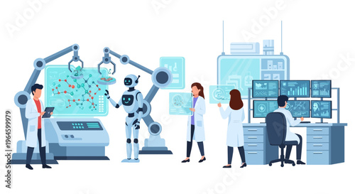 AI Robots & Scientists in Modern Research Lab: Collaborative Scientific Discovery, Biotechnology & Data Analysis