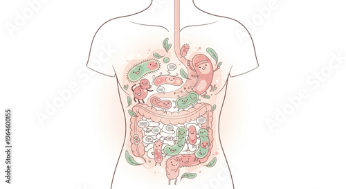 Anatomical illustration of a human torso with a detailed digestive system and green leaves in the abdominal cavity on a white background