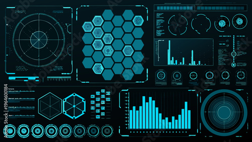 Futuristic interface displaying complex data visualizations and technical schematics