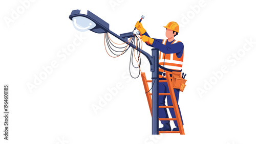 City Electrician: A skilled electrician diligently works to install a street light, ensuring illumination and safety.