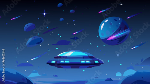 A vibrant cartoon illustration of a spaceship exploring a colorful space scene