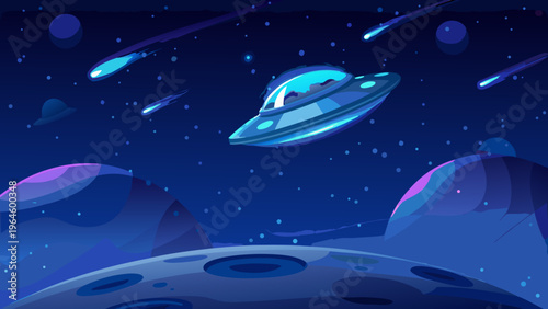 A vibrant illustration depicting a flying saucer amidst a cosmic landscape