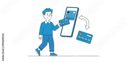 Cartoon man holding credit card next to smartphone with credit card on screen mobile phone