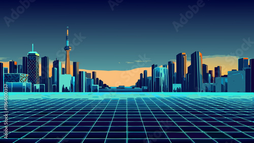Retro cityscape featuring the cn tower with a neon grid foreground