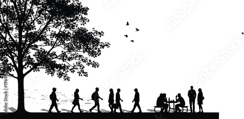 Outdoor park silhouette featuring people walking, sitting at a picnic table, large leafy tree, and birds flying, isolated on white background