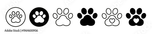 Paw footprint set icons, cute animal track with heart icon, dog or cat paw icons in solid and line style