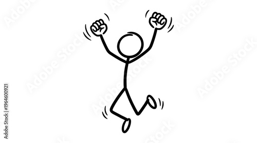 Exuberant stick figure cartoon character leaping with both fists raised in pure joy, isolated white background.