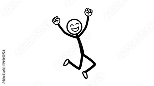 Joyful stick figure cartoon character jumping in excitement with fist pump, isolated white background.