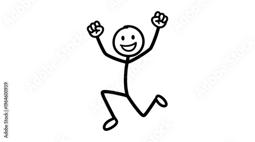Cheerful stick figure cartoon character jumping with arms raised in happiness, isolated white background.