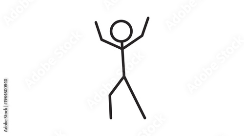Minimalist stick figure cartoon character with hands up in a gesture of success, isolated white background.