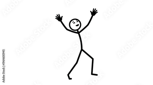 Joyful stick figure person standing with arms raised in victory or celebration on an isolated white background, feeling triumphant.