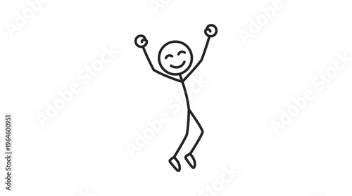 Ecstatic stick figure person jumping high with joy and arms raised on an isolated white background, celebrating success.