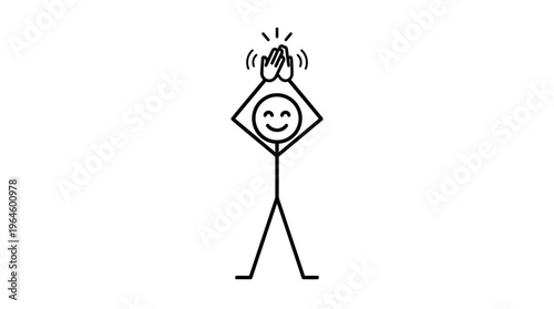 Smiling stick figure cartoon character clapping enthusiastically in celebration, isolated white background.