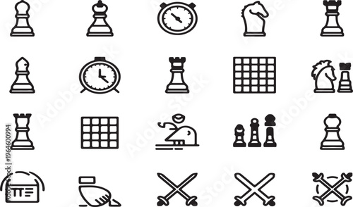 Chess icons, strategy symbols, gaming elements, black line illustrations