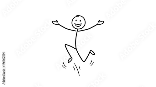 Happy stick figure man jumping with arms wide open, celebrating freedom and smiling joyfully on an isolated white background.