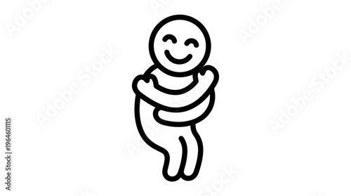 Chubby stick figure person hugging self, feeling loved and content on an isolated white background.