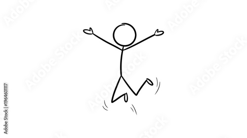 Happy stick figure man jumping high, celebrating triumphantly and smiling joyfully on an isolated white background.