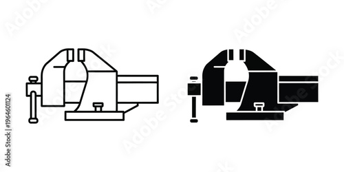 Comparison of a bench vise in open and closed positions shown in black and white