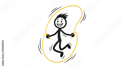 Happy stick figure man jumping rope energetically with a yellow rope, smiling cheerfully on an isolated white background.