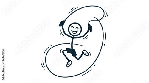 Happy stick figure man wearing shorts, jumping rope actively and smiling cheerfully on an isolated white background.