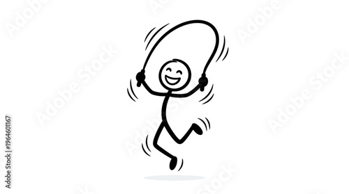 Happy stick figure man jumping rope actively, smiling with determination on an isolated white background.