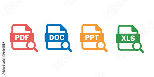 Colorful file type with magnifying glasses in white background