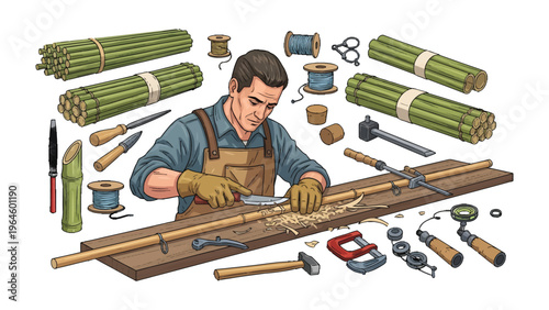 Artisan Crafting: Meticulous craftsperson delicately working bamboo, with tools of trade arranged around his workspace, showcasing skill and precision in the art of handcraft.