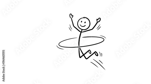 Happy stick figure man playing with a hula hoop, jumping and smiling cheerfully on an isolated white background.