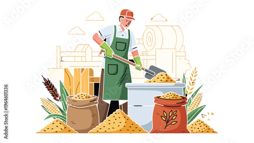 Farm worker loading grains: A focused farm worker, dressed in work attire, diligently shovels grains into containers amidst a rural setting, embodying the spirit of labor and harvest.