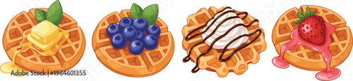 Set of delicious waffles with toppings including berries cream and syrup isolated on white background dessert vector illustration collection