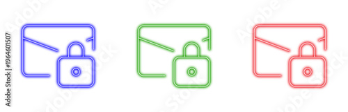 Set of colorful neon line icons depicting email messages with padlocks, symbolizing secure digital communication, robust data protection, and modern cybersecurity.