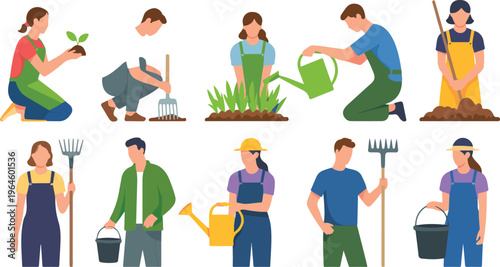 Farmer characters collection with cartoon agriculture workers using gardening tools featuring man and woman farm labor vector illustration set